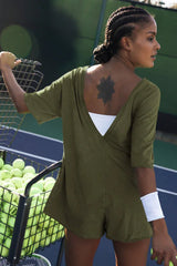 Oversized Crew Neck Romper with Open Back - View 41 | TEVQA