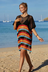 Rainbow Stripe Openwork Slit Cover Up - View 17 | TEVQA