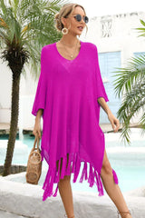Openwork knit beach cover up with fringe hem - View 12 | TEVQA