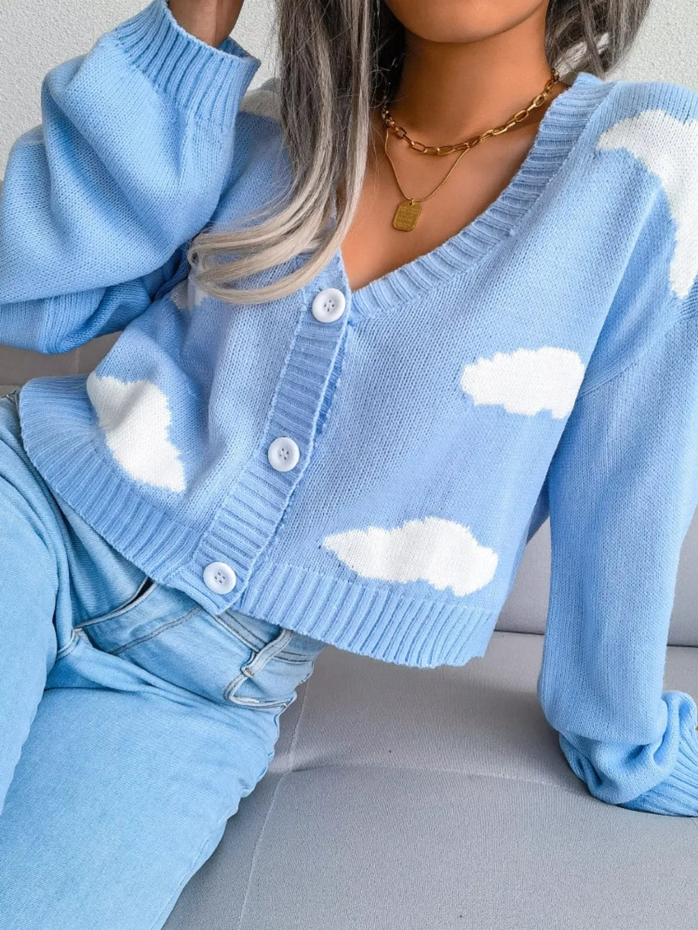 Daydream Sky Cloud Print Knit Cardigan - TEVQA