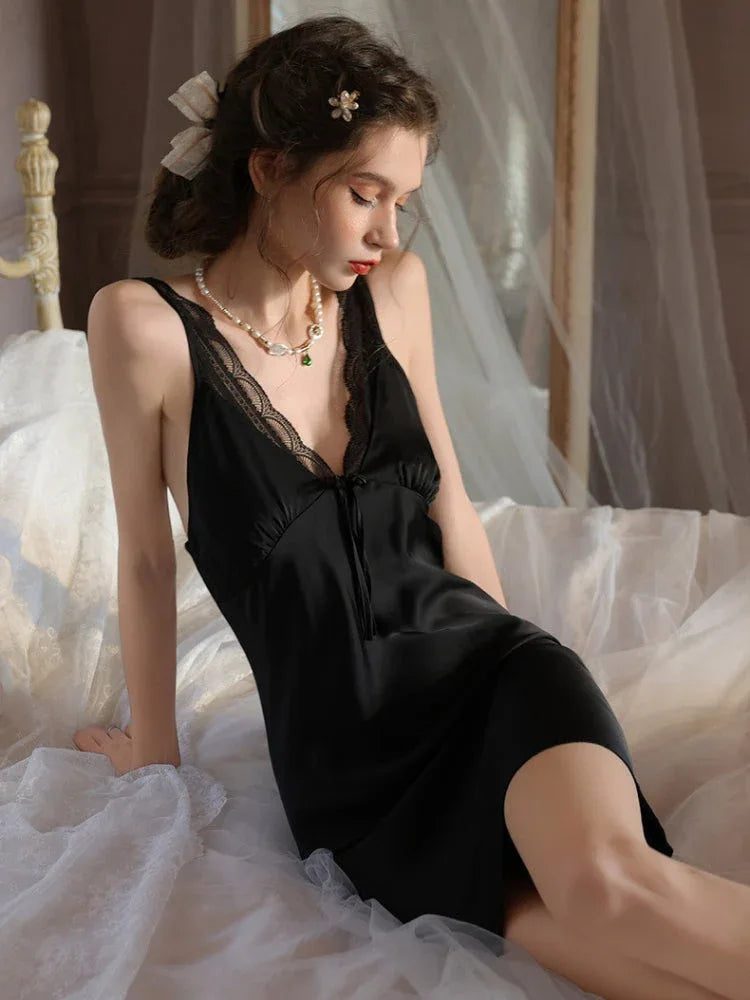 White Lace Trim Satin Slip Dress & Robe Set - TEVQA