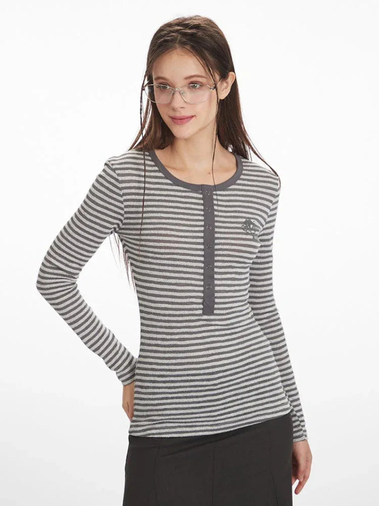 Vintage Grey Striped Henley Long Sleeve Top - TEVQA