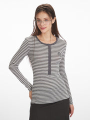 Vintage Grey Striped Henley Long Sleeve Top