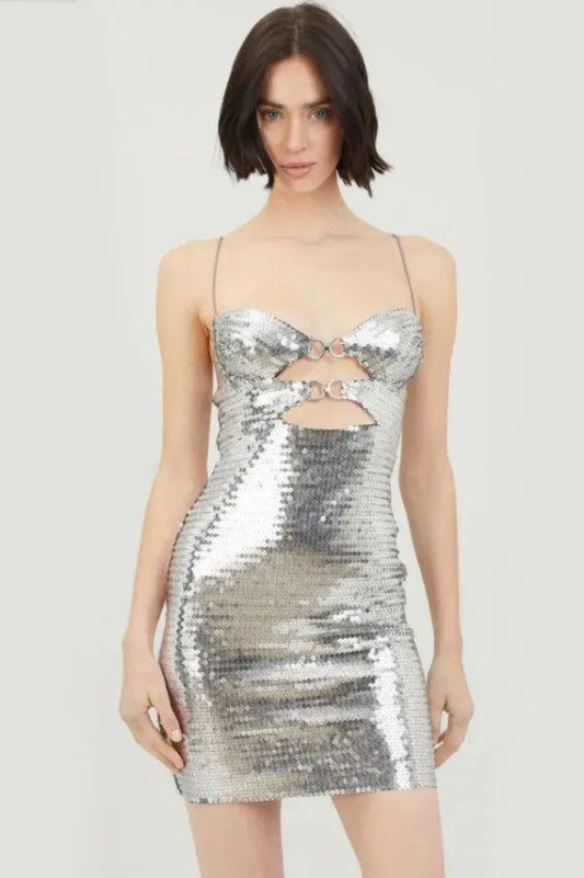 Draped Bra Mini Dress With Double Metal Ring - TEVQA