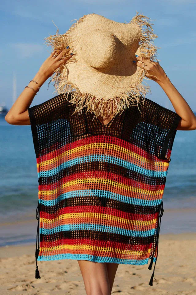 Rainbow Stripe Openwork Slit Cover Up - View 18 | TEVQA