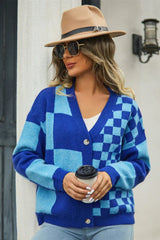 Checkerboard V-Neck Cardigan - View 17 | TEVQA