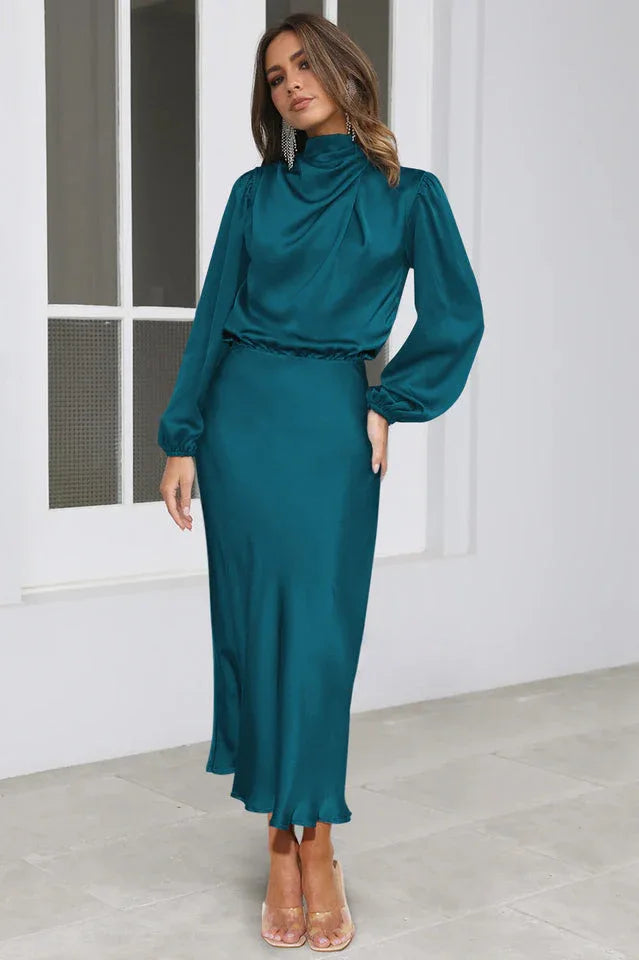 High Neck Satin Midi Dress - View 9 | TEVQA