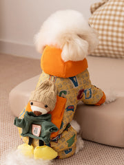Yellow Graffiti Hooded Pet Jumpsuit with 3D Bear Doll