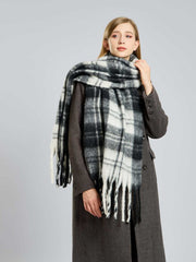 Women's Extra-Long Plaid Scarf Black & White Tartan Faux Mohair Wrap