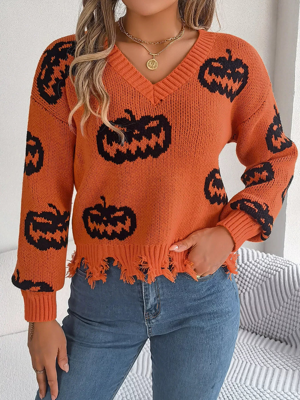 Distressed Pumpkin Knit Sweater - View 18 | TEVQA