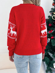 Back view of a woman wearing a red Christmas sweater with a reindeer pattern on the sleeves.