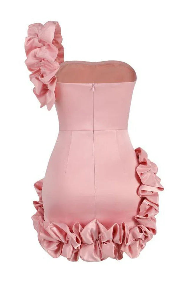 One Shoulder Ruffle Satin Dress - View 18 | TEVQA
