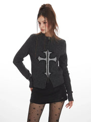Y2K Grunge Cross Zip Up Knit Cardigan - TEVQA