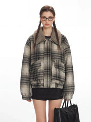 Vintage Plaid Faux Shearling Bomber Jacket - TEVQA