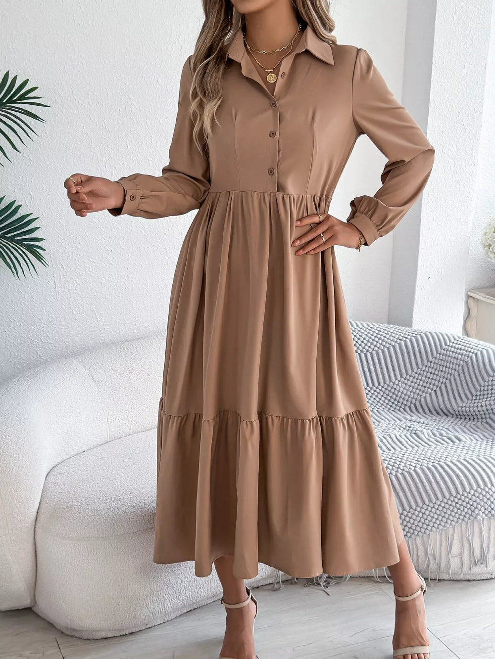 Navy Blue Ruffled Tiered Shirt Dress - View 26 | TEVQA