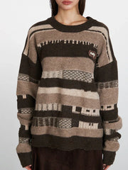 Vintage Brown Striped Distressed Knit Sweater - TEVQA