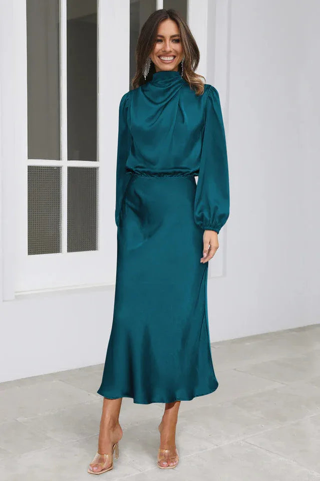 High Neck Satin Midi Dress - View 11 | TEVQA