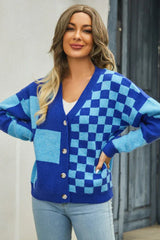 Checkerboard V-Neck Cardigan - View 18 | TEVQA