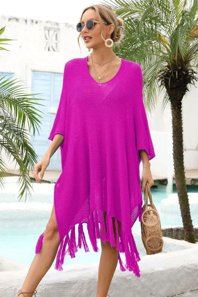Openwork knit beach cover up with fringe hem - View 13 | TEVQA
