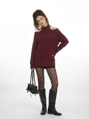 Elegant Burgundy Halter Neck Cold Shoulder Sweater - TEVQA