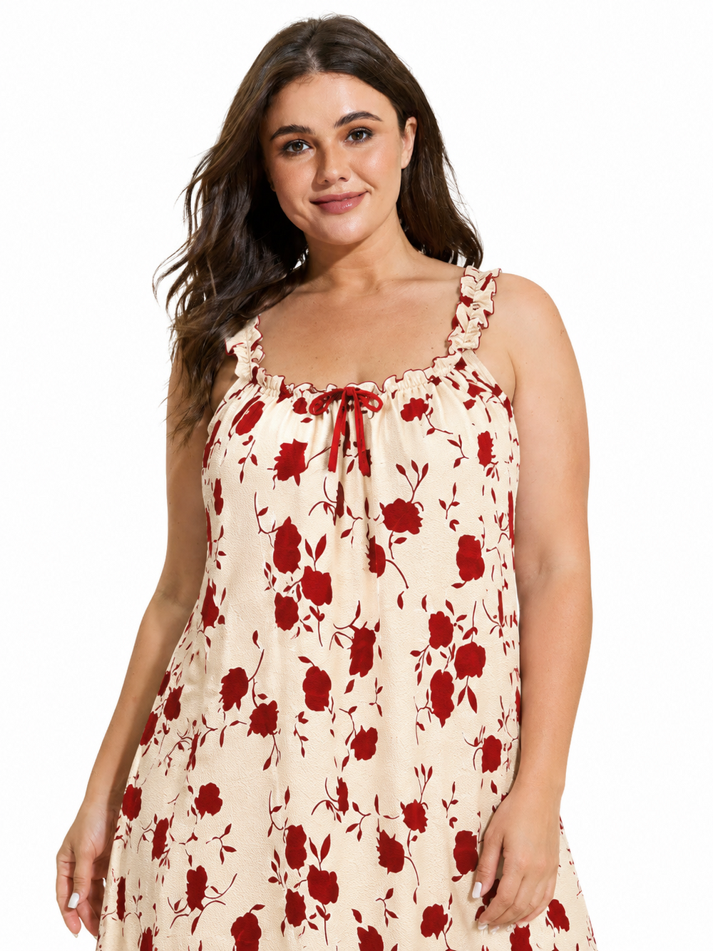 Close-up of a plus size woman wearing a cream and red floral print nightgown, showing the neckline