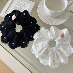 Oversized Pearl & Lace Scalloped Scrunchie (7.5 Inch)
