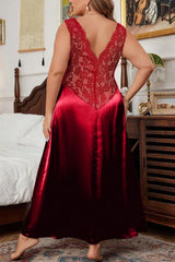 Plus Size Satin Nightgown with Floral Lace Bodice, V-Neck Maxi Sleep Dress - Red