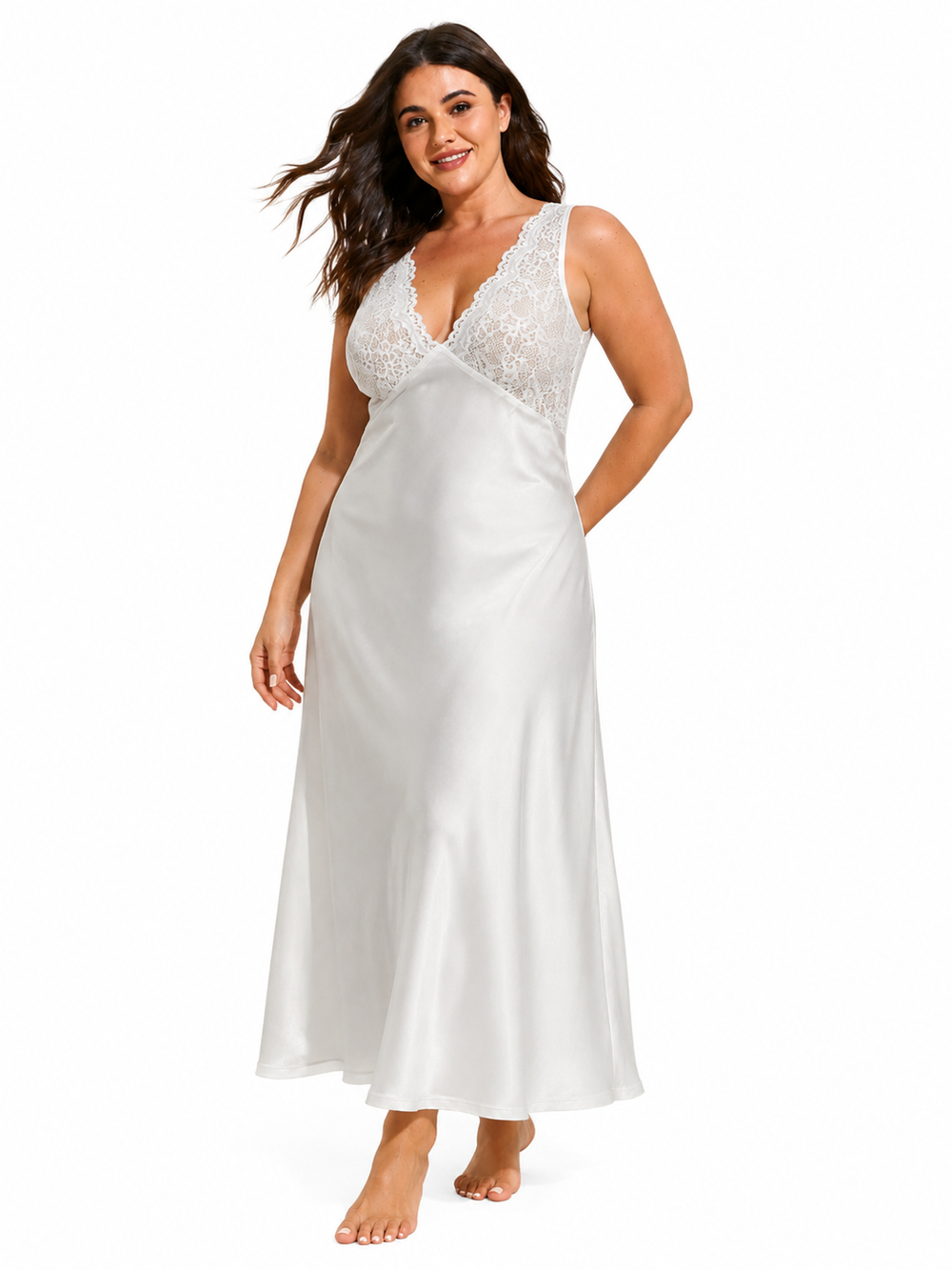 Plus size white satin and lace maxi nightgown, detail shot