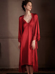 Ethereal Champagne Satin Lace Nightgown & Robe Set