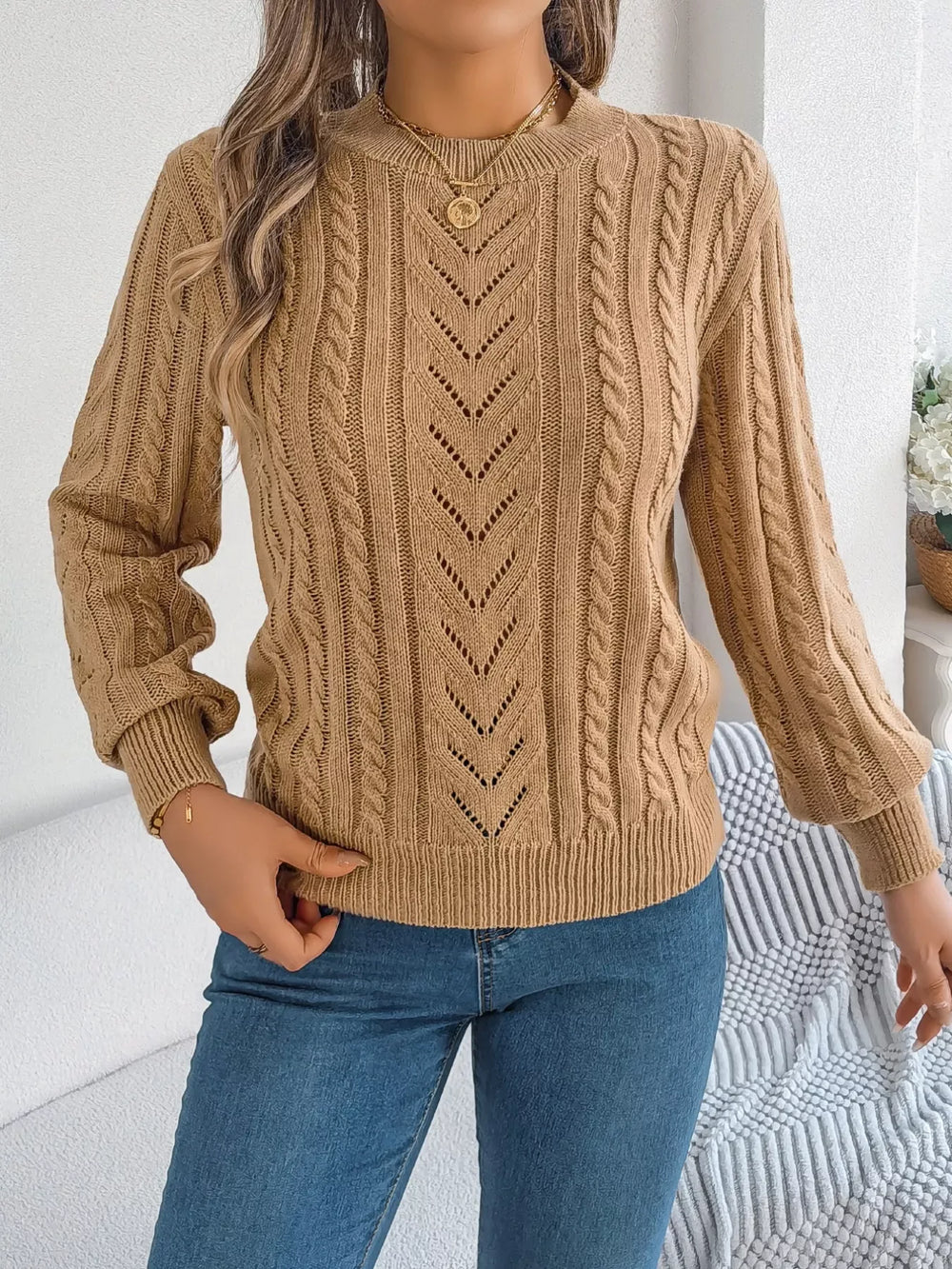 Women's Rust Cable Knit Sweater - TEVQA