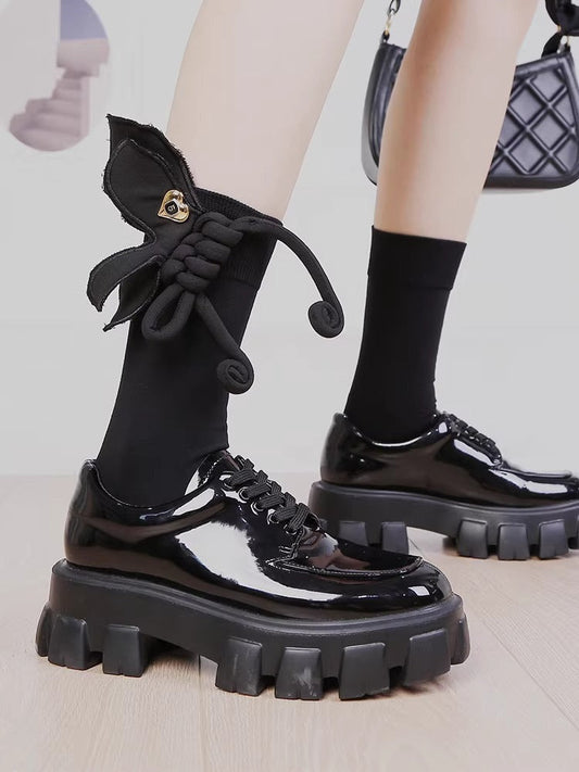 3D Rope Bow Black Socks Heart Charm Dark Academia