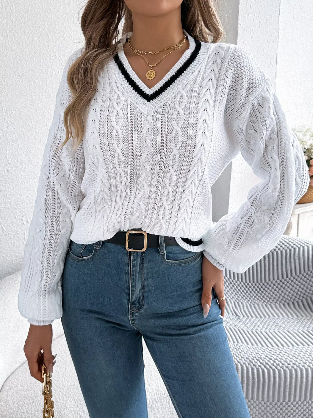 Cable Knit V-Neck Sweater - View 13 | TEVQA