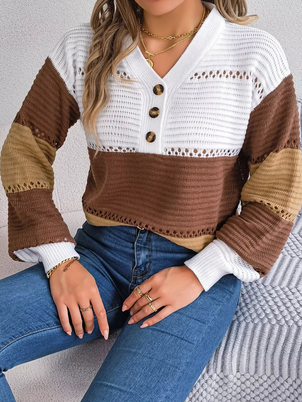 Color block knit henley sweater - View 6 | TEVQA