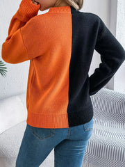 Spooky Chic Split Color Block Pumpkin Sweater - TEVQA