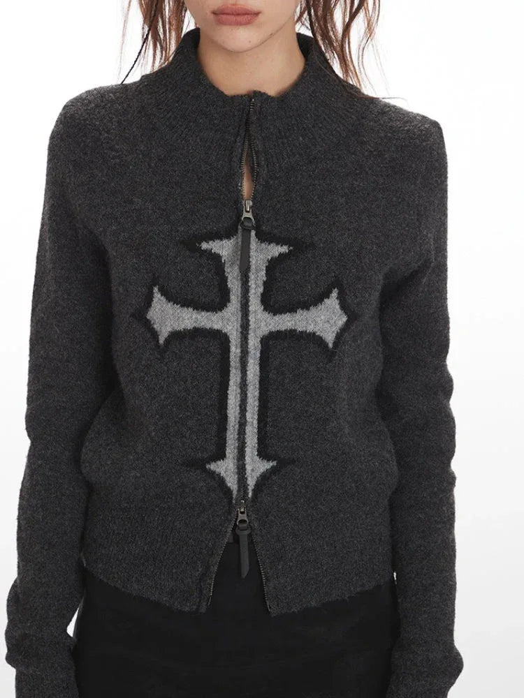 Y2K Grunge Cross Zip Up Knit Cardigan - TEVQA