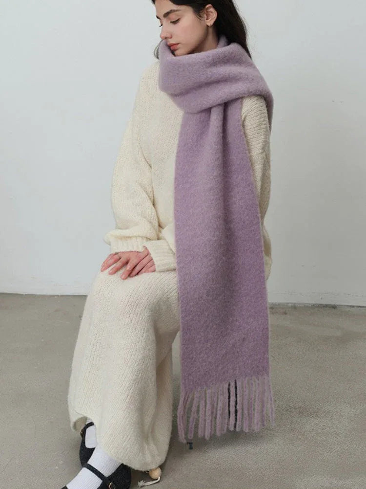 Oversized wool blend scarf in Vintage Blue or Monet Purple with tassels - View 6 | TEVQA