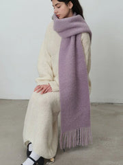 Oversized wool blend scarf in Vintage Blue or Monet Purple with tassels - View 6 | TEVQA