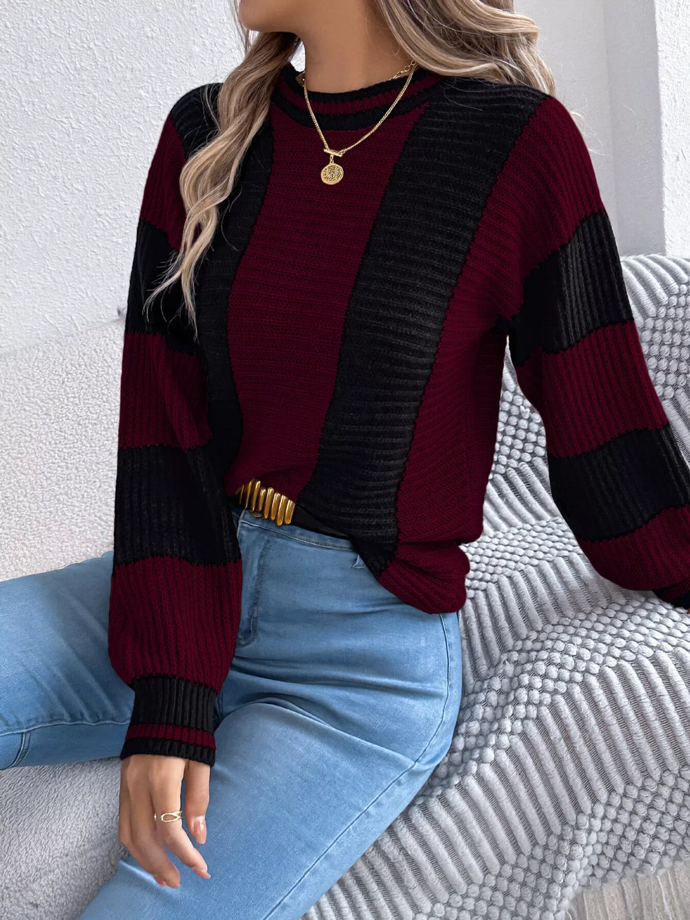 Vertical Stripe Knit Sweater - View 7 | TEVQA
