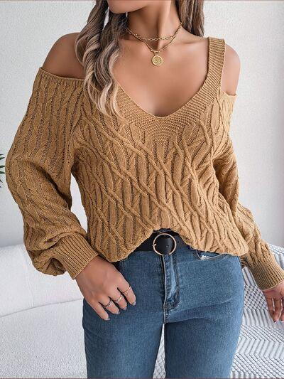 Elegant Ivory Cold Shoulder Cable Knit Sweater - View 11 | TEVQA