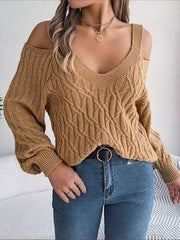 Elegant Ivory Cold Shoulder Cable Knit Sweater
