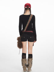 Y2K Coquette Aesthetic Abstract Cat Graphic Long Sleeve Top