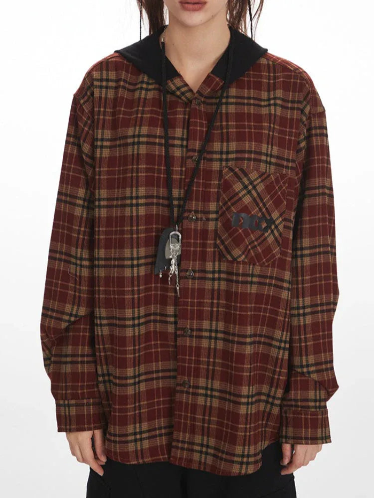 Vintage Red Plaid Hooded Flannel Shirt - TEVQA