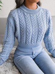 White Cable Knit Cinched Waist Crop Sweater - TEVQA