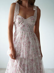 Tiered Floral Bow Shoulder Maxi Dress - Pink