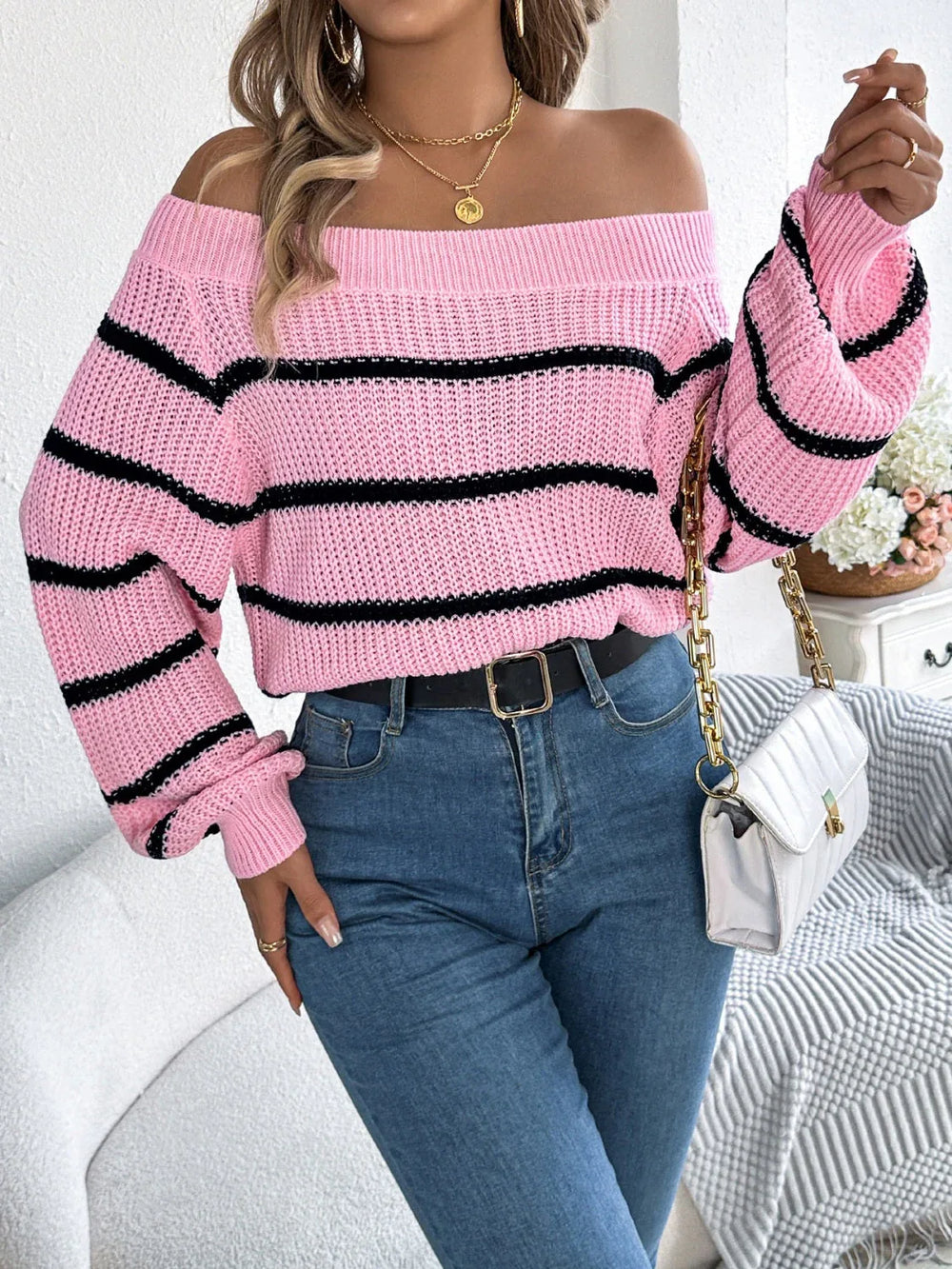 White Striped Off-Shoulder Knit Sweater - TEVQA