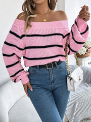 White Striped Off-Shoulder Knit Sweater - TEVQA