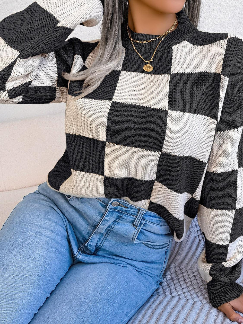 Black and white checkerboard knit mock neck sweater - View 6 | TEVQA