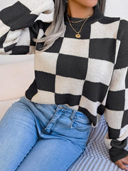 Black and white checkerboard knit mock neck sweater - View 6 | TEVQA