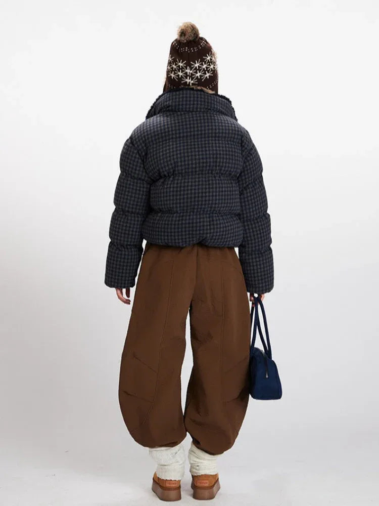 Retro Plaid Sherpa-Lined Cropped Puffer Jacket - TEVQA
