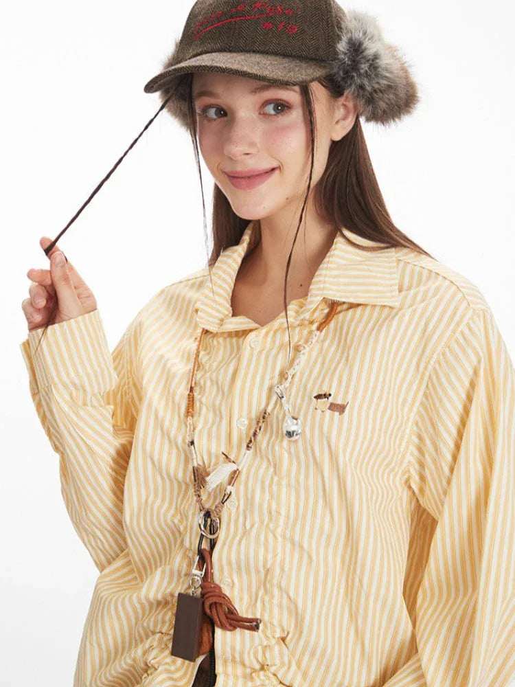 Vintage Yellow Striped Ruched Shirt - TEVQA